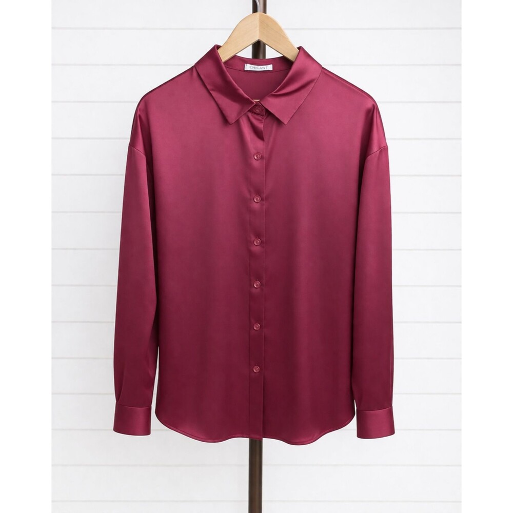 Chigant Burgundy Satin Silky Long Sleeve Collared Blouse L